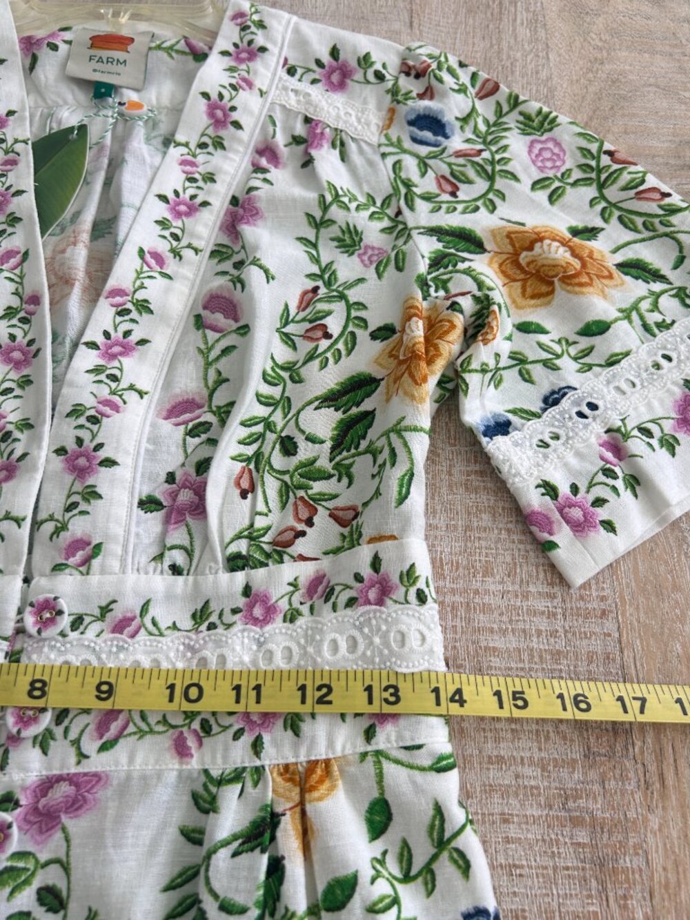 Farm Rio Folk Floral Linen Blend White Short-Sleeve Wide-Leg Jumpsuit Small NWT - Picture 14 of 16